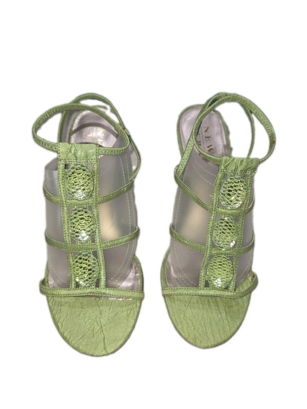 New York Transit Flora Lime Green Strappy Sandals Cage Heel Sequin Accents Sz 9